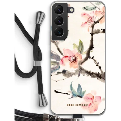 Afbeelding van Case Company® hoesje met Koord geschikt voor Samsung Galaxy S22 Japanse bloemen Telefoonhoesje Zwart Bescherming aan alle Kanten en Over de Schermrand