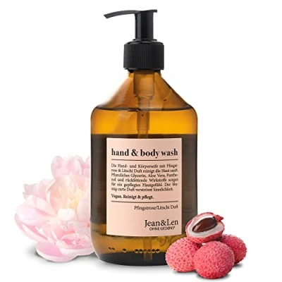 Afbeelding van Jean &amp; Len Hand Body Wash Peony Litchi Reinigt en verzorgt de huid tijdens het wassen, delicate bloemengeur, douchegel zeep, vrij van parabenen, siliconen microplastic, veganistisch, fles