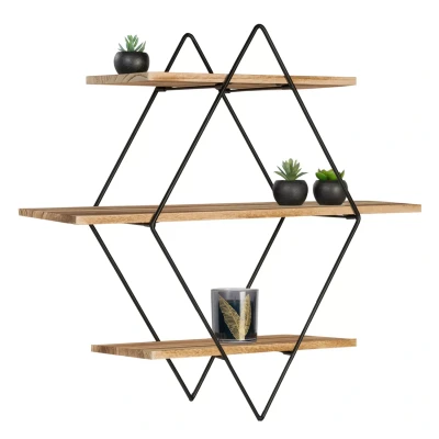 Image de Etagère murale losange LILY 3 niveaux bois et métal design industriel