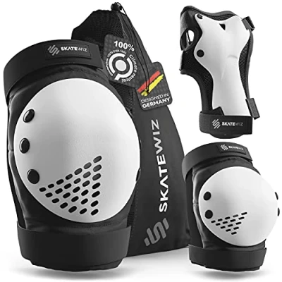 Afbeelding van SKATEWIZ SMASH Inlineskates, beschermers voor volwassenen, beschermers, kniebescherming, handbeschermers skateboard, maat L/XL in zwart en wit