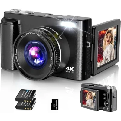 Afbeelding van 4K UHD autofocus digitale camera met 32G kaart, 48MP vlogging 180 opklapbaar display en uv lens, compacte voor jongeren, beginners, volwassenen
