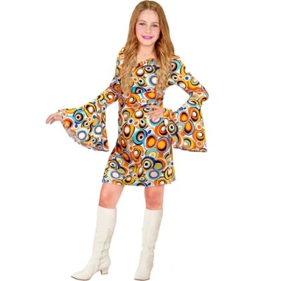 Afbeelding van Widmann Hippie Kostuum True 70s Vintage Bubbel Jurk Meisje Blauw, Oranje Maat 158 Carnavalskleding Verkleedkleding