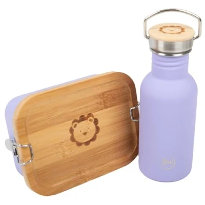 Afbeelding van lunchset voor kinderen, met drinkfles van 500 ml en broodtrommel schuifwand, ideaal school vrije tijd, vaatwasmachinebestendig, paarse doos