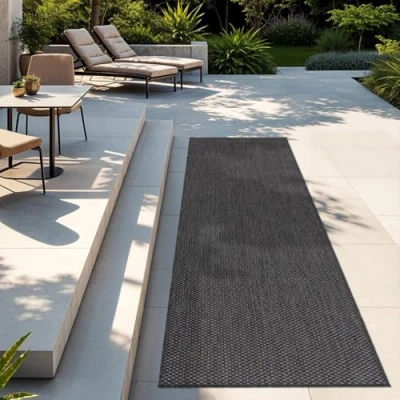Afbeelding van TT Home Keukenloper voor buiten, balkon, terras, tapijt, modern, effen design, koffiekleur, afmetingen: 60 x 100 cm.