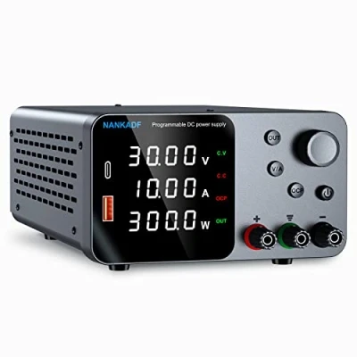 Afbeelding van Instelbare DC voeding, 30 V 10 A, laboratoriumvoeding met encoderknop en USB A/type C snellaadinterface, zeer nauwkeurig 4 cijferig led display, gereguleerde stroomvoorziening