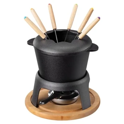 Afbeelding van Navaris gietijzeren fondue set ⌀21 cm Met 6 fonduevorken en brander Voor kaasfondue, chocoladefondue raclette Gietijzer, RVS hout