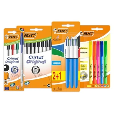 Afbeelding van BIC schrijfwarenset voor school of kantoor pennen set met 10x Cristal balpen zwart, 4x bont, 3x 4 kleuren &amp; 5 Highlighter