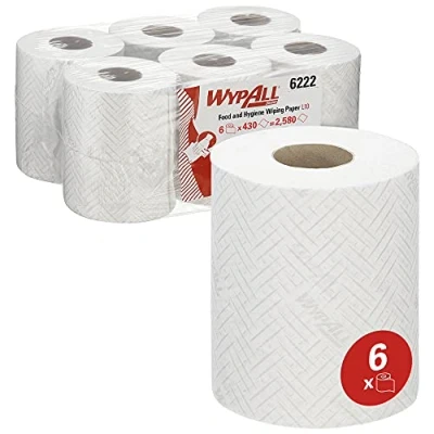 Afbeelding van WypAll L10 Hygiëne en levensmiddelenoppervlakken 6222 reiniger voor droge reiniging 1 dikte 6 witte spoelen met centrale afvoer, 430 papieren wissers (in totaal 2580)