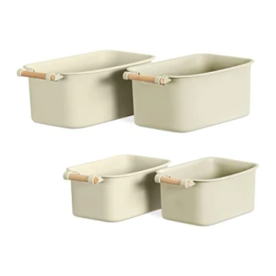Afbeelding van Navaris kunststof organizer doos set 4 stuks bakken met houten handvatten voor keuken of badkamer 2 maten in crème