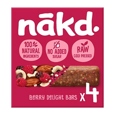 Afbeelding van Nakd Lotus Framboos Berry Delight Fruit /Noten, 100% natuurlijke ingrediënten zonder suiker, glutenvrij, 4 x 35 g