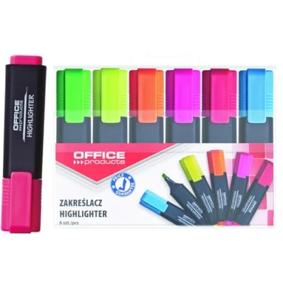 Afbeelding van OFFICER PRODUCTS Fluorescerende markeerstiften, lijndikte: 1 5 mm, kleur: geel, orn, roze, groen, rood, blauw/markeerstift, niet giftige inkt, afgeschuinde punt, 6 stuks