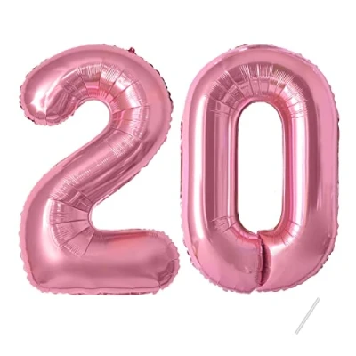 Afbeelding van Ballonnen verjaardag 20 roze 100 cm ballon cijfer 20, nummer Happy Birthday decoratie, ballonnen, verjaardagsfeest, jaren vliegen dankzij heliumballonnen