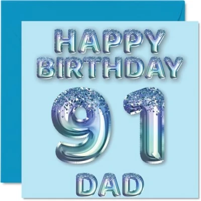 Afbeelding van Verjaardagskaart voor papa 91 jaar, blauwe glitterballonnen, verjaardagskaarten jaar van zoon, dochter, 145 mm x