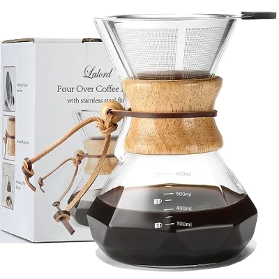 Afbeelding van Lalord Koffiezetapparaat met herbruikbare filter van roestvrij staal, 600 ml borosilicaatglas, koffiekan houten ketting, koffie infuser, voor 3 kopjes,