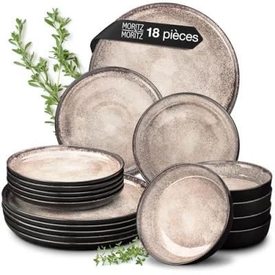 Afbeelding van Moritz &amp; VIDA 18 delig tafelservies voor 6 personen, keramiek, eetborden, soepborden, ontbijtborden, zwart beige