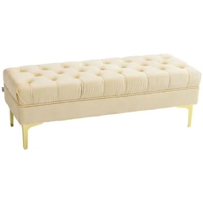 Afbeelding van HOMCOM Gestoffeerde bank bedeinde klassieke chique stijl dim. 118 l x 45 b 42 h cm gouden metalen voet fluweel beige