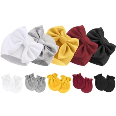 Afbeelding van DRESHOW Bonnets de Naissance et Moufles Protection Coton 5 Pcs Coordonnés Paires Mitaines Scratch Enfant Bébé Fille Garçon pour 0 6 mois