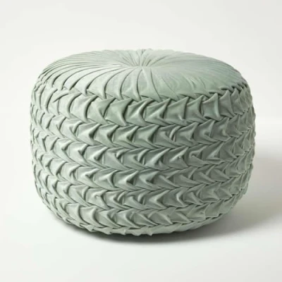 Afbeelding van Homescapes Geplooide fluwelen poef Grace in gevlochten look mintgroen, 50 x 35 cm