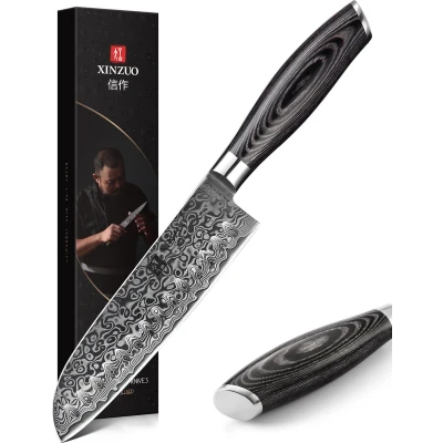 Afbeelding van Damascus 7&quot; Santokumes (67 lagen) Xinzuo B20 Luxe &amp; Professioneel Vlijmscherp staal 31.5 cm Keukenmes met lemmet van 18 Pakka houten handvat