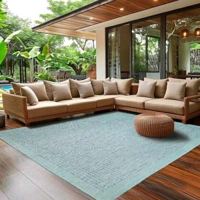 Afbeelding van Buitentapijt voor terras, balkon en tuin, keukentapijt, effen, weerbestendig design, plat weefsel, sisal effect, wasbaar tapijt, 200 x 290 cm, blauw