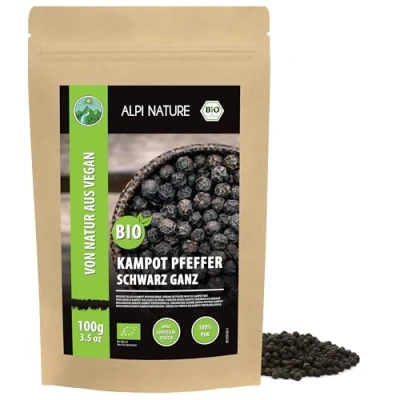 Afbeelding van Alpi Nature I biologische zwarte peper van Kampot (100 g), peper, peperkorrels uit gecontroleerde teelt, laboratoriumgetest, 100% zuiver en natuurlijk