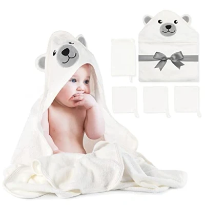 Image de momcozy Lot Serviette de Bain Bebe en Fibre Bambou, 1 Pièce Serviettes Bébé avec Capuche, 3 Débarbouillettes pour Bébé, Gant Super Doux, Respirant