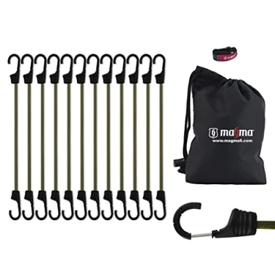 Afbeelding van Magma Set van 12 elastische spanbanden met haken, duurzame elastieken voor fiets, motorfiets, auto, tent, camping en aanhanger, bagageriem of dekzeilen, militair buitengebruik, groen, 45 cm