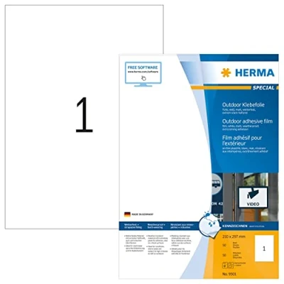 Afbeelding van Herma 9501 folie etiketten 210 x 297 mm Polyethyleen Wit 50 stuk(s) Permanent hechtend Laser (kleur), (zwart/wit), Kopiëren
