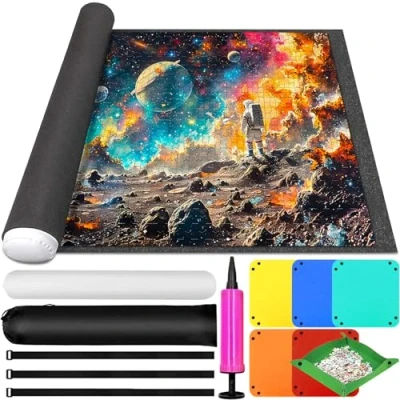Afbeelding van ZQEJEFD puzzelmat, viltrol voor maximaal 1000, 1500, 2000, 3000 stukjes, puzzelopbergmat, puzzel rolmat, opvouwbare puzzelbesparer met 6 puzzelsorteerders