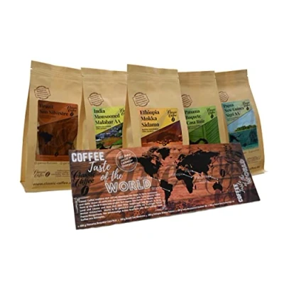 Afbeelding van Classic Caffee Premium koffie Weltreise Probierset 5 x 200 g cadeauset uit de hele wereld 100% Arabica (Ganze Bohne)