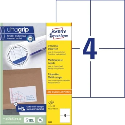 Afbeelding van Avery Zweckform 3483, Universele Etiketten, Ultragrip, Wit, 100 Vel, 4 Per 105 X 148 Mm Etiket