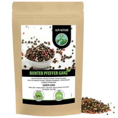 Image de Alpi Nature Poivre Baies en Grain Mélange 250g, Grains de Entiers Noir, Blanc, Rose et Vert