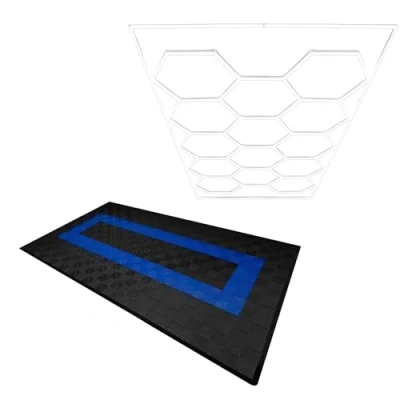 Afbeelding van Modulaire Geventileerde Vloer 90 Zwarte &amp; 30 Blauwe Tegels Met Randen Hexagon LED Verlichting 14 Witte Lampen 6500K 3 Montageopties Inclusief Ophangset, Garagevloer 3,2m x 6m