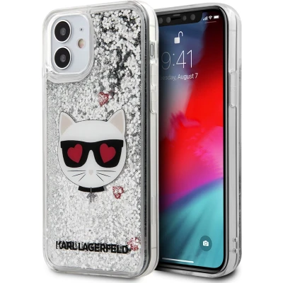 Afbeelding van Zilver hoesje van Karl Lagerfeld Backcover voor iPhone 12 Mini Liquid Glitter