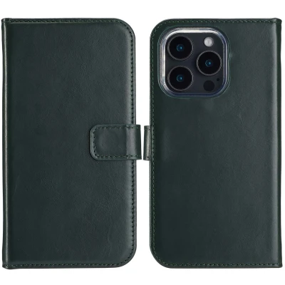 Afbeelding van Selencia Hoesje Geschikt voor iPhone 16 Pro Met Pasjeshouder Echt Lederen Bookcase Groen