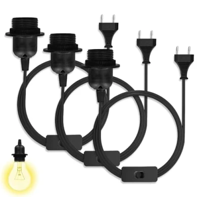 Afbeelding van Casenly E27 fitting met schakelaar, 3 stuks lamphouder voor lampen schroefdraadring, 1,5 m netsnoer en EU stekker hanglamp of creatieve lamp,
