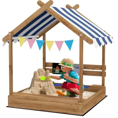 Afbeelding van Outsunny Zandbak van hout, huisvorm voor kinderen, 124 x 116 146 cm, met luifel, 2 bakken, spoelbak, schoolbord, wimpel, autoclaaf dennenhout