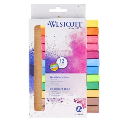Afbeelding van Westcott E 744983 00 Set van 12 kleurrijke krijtjes voor schoolbord, diameter 1,2 cm, heldere kleuren, stofarm en gemakkelijk schoon te maken, 8,5 cm lang