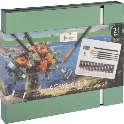 Afbeelding van Nassau Fine Art Acrylverf Startersset 21 delige Set met Penselen, Palet &amp; Meer Perfecte Giftset voor Creatieve Volwassenen