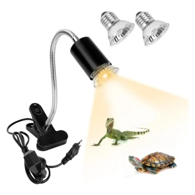 Afbeelding van Verwarmingslamp schildpad, met 2 lampen (50 W UVA/UVB lamp) en thermometer, E27 fitting, lamp klem, 360 graden draaibaar, verstelbaar, voor reptielen amfibieën, slang