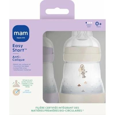 Afbeelding van Set van 2 Babyflessen MAM Easy Start Antikoliek 160 ml Flow 1 speen Lila + Zand