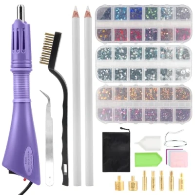 Afbeelding van SWAWIS Hotfix strass applicator, 3 dozen, kleurenmix, platte stenen voor textiel, strassteentjes, applicatorset met 7 applicatoropzetstukken, paars
