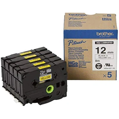 Afbeelding van Brother HGe 631V5 Labeltape Set van 5 stuks Tapekleur: Geel Tekstkleur: Zwart 12 mm 8 m