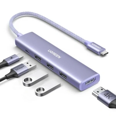 Afbeelding van UGREEN USB C HDMI hub 4K 100W PD opladen met 3 3.0 poorten 5 in 1 naar adapter compatibel iPhone 16 Plus Pro Max 15 MacBook iPad Air Surface Galaxy S24 Ultra (paars)