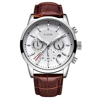 Afbeelding van Modieuze herenhorloges van Lige, roestvrij staal, analoge quartz, sport, chronograaf, witte wijzerplaat, klassieke lederen horlogeband., Wit/Bruin, Klassiek