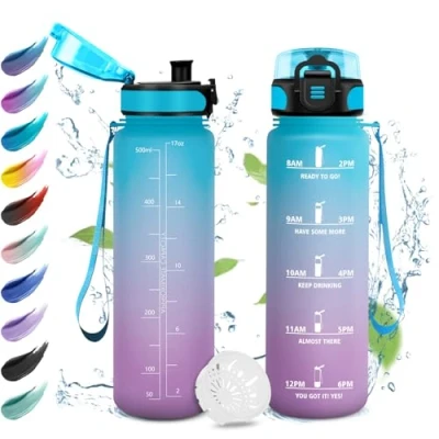 Image de Gourde de 500 ml, bouteille d&#039;eau pour enfants, anti fuite, facile à ouvrir, motivation avec indicateur temps, camping, voyage, école