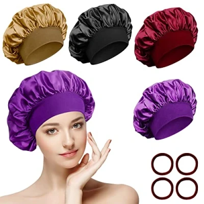 Afbeelding van 4 stuks Satijnen Slaapmuts Bonnet Nachtmuts met Elastiekjes, Verstelbare Nachtmuts, Bonnet, Slapen, Zachte Kap, Douchemuts, Hoofddeksel, Voor Dames en Meisjes