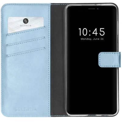 Afbeelding van Selencia Hoesje Geschikt voor iPhone 13 Mini Met Pasjeshouder Echt Lederen Bookcase Lichtblauw