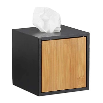 Afbeelding van Relaxdays Zwarte vierkante tissuedoos dispenser make up doek bamboe stof h x b d: 14,5 cm, zwart