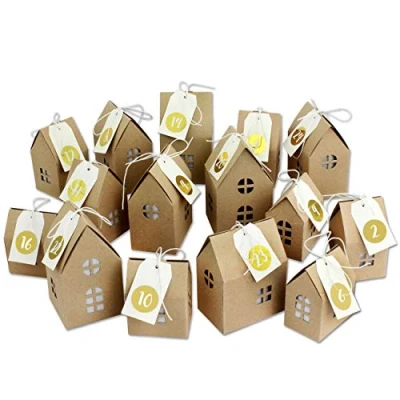 Afbeelding van Papierdrachen Adventskalender om te knutselen en vullen, huisset met goudkleurige cijferstickers, 24 natuurbruine dozen van 400 g/m² karton, dozen, kerstdorp